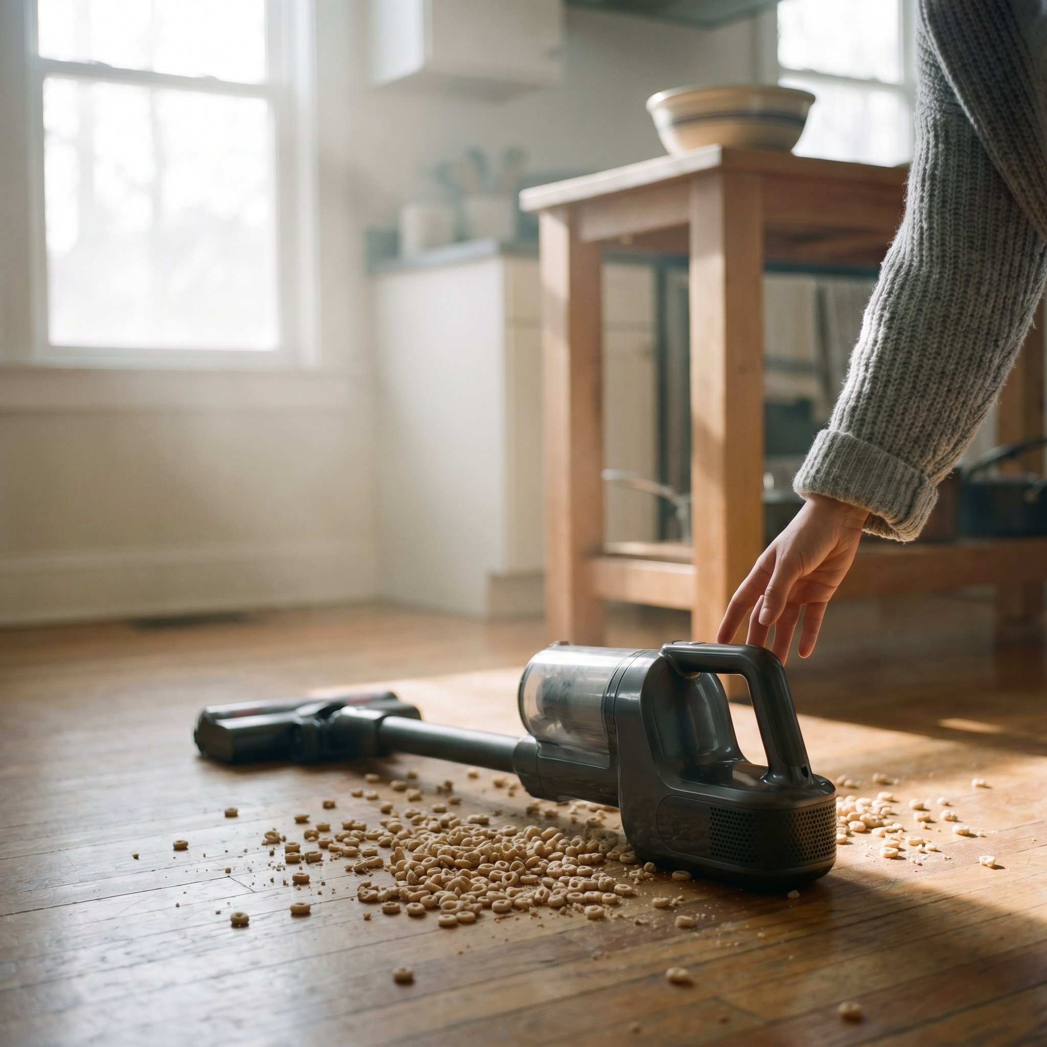 A cordless stick vacuum tipped over on a hardwood kitchen floor next to a small pile of spilled cereal, with a hand reaching down toward it.