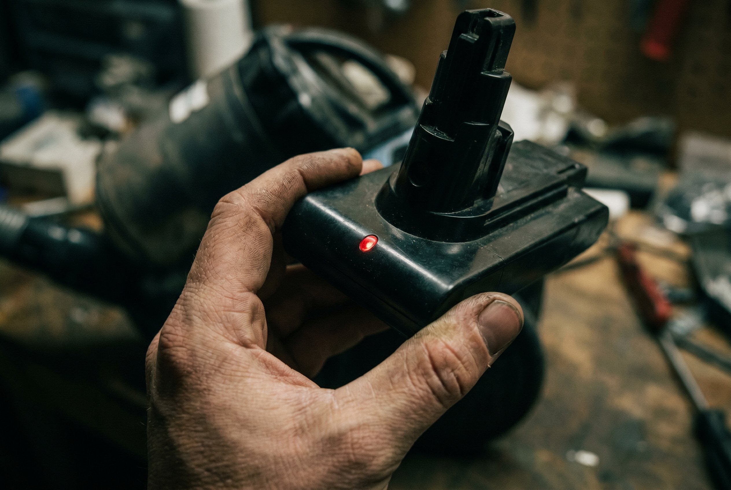 A grimy hand holds a black removable vacuum battery pack with a small red warning LED illuminated, suggesting failure or low power.
