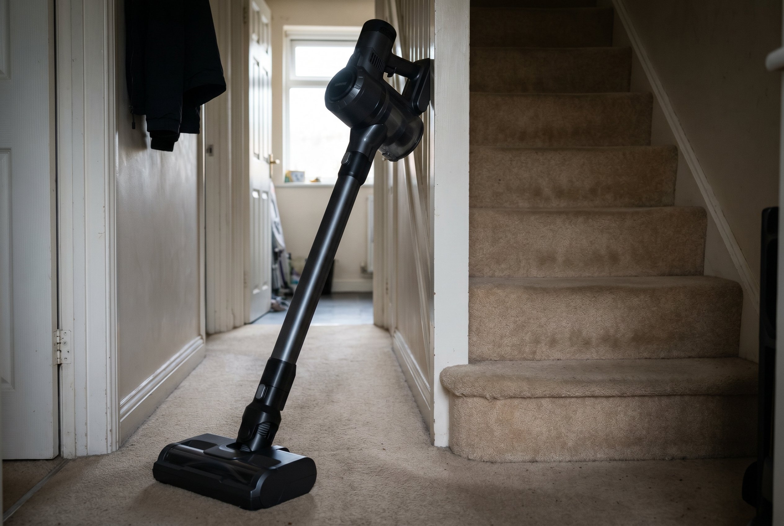 A heavy black cordless stick vacuum sitting in a hallway near a set of carpeted stairs, suggesting weight and effort during use.