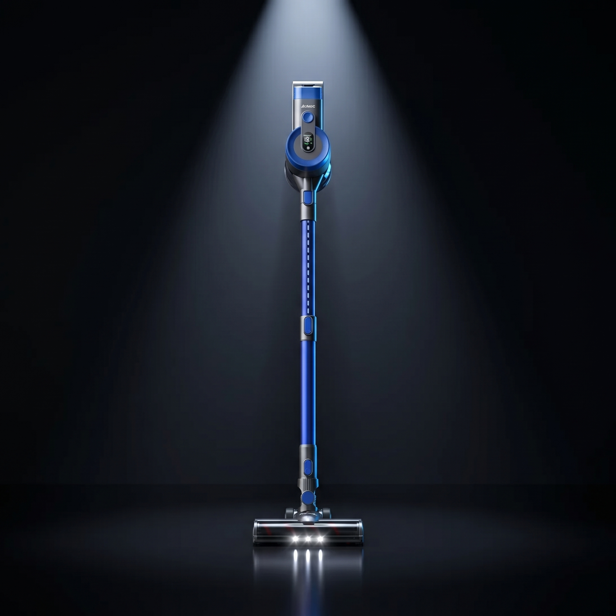 The blue Nyven Devoac V90 cordless stick vacuum shown upright with its LED floor-head lights illuminated, against a dark studio background.
